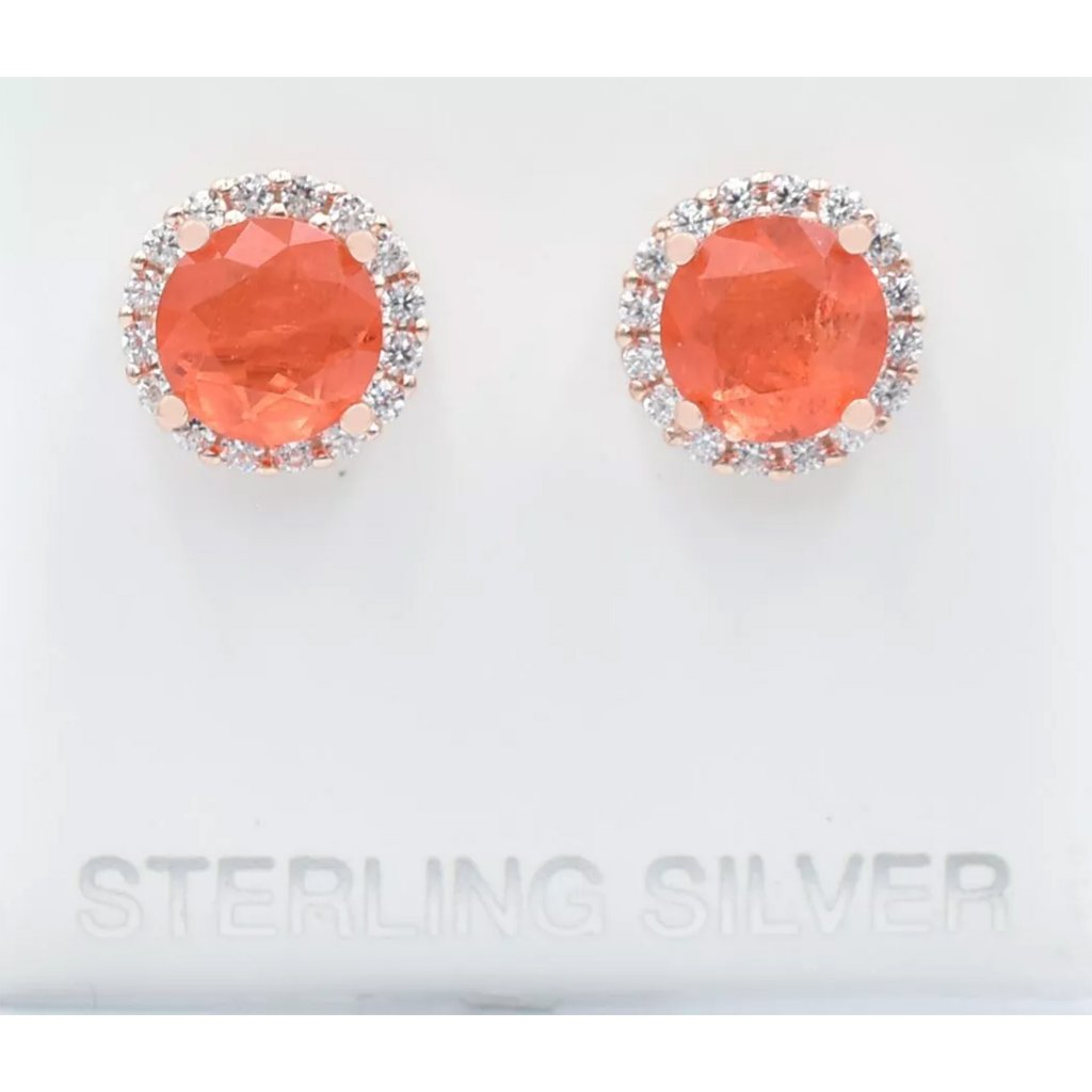 Genuine 3.70 Cts Padparadscha & White Sapphires Stud Earrings 925 Silver